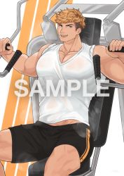 Rule 34 | 1boy, alternate pectoral size, bara, bare arms, bare shoulders, black shorts, blonde hair, blush, breath, bulge, clothes lift, commission, exercising, granblue fantasy, gym, gym shorts, harada (basashi), large pectorals, looking at viewer, male focus, midriff peek, muscular, muscular male, open mouth, pectoral cleavage, pectorals, sample watermark, see-through, shirt, shirt lift, short hair, shorts, sideburns, skeb commission, smile, solo, sweat, tied sleeves, undercut, vane (granblue fantasy), watermark, weightlifting, wet, wet clothes, wet shirt, white shirt