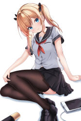 Rule 34 | 1girl, absurdres, arm support, black footwear, black ribbon, black sailor collar, black skirt, black thighhighs, blonde hair, blue eyes, breasts, cellphone, charger, closed mouth, collarbone, hair ribbon, hand on own knee, head tilt, highres, loafers, looking at viewer, neckerchief, neon (hhs9444), original, phone, red neckerchief, ribbon, sailor collar, school uniform, serafuku, shirt, shoes, short sleeves, sitting, skirt, small breasts, smartphone, smile, solo, thighhighs, twintails, white shirt, yokozuwari