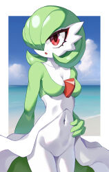 Rule 34 | 1girl, absurdres, arm behind back, beach, blue sky, bob cut, border, breasts, check commentary, chinese commentary, cloud, collarbone, colored skin, commentary request, creatures (company), day, eyeshadow, fewer digits, game freak, gardevoir, gen 3 pokemon, green hair, green skin, hair over one eye, hand on own stomach, he c92, highres, looking at viewer, makeup, medium breasts, multicolored skin, navel, nintendo, no pussy, one eye covered, open mouth, outdoors, pokemon, pokemon (creature), red eyes, red eyeshadow, short hair, sky, solo, standing, two-tone skin, water, white border, white skin