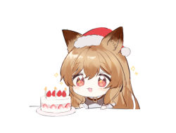 Rule 34 | 1girl, :d, animal ear fluff, animal ears, arknights, blush, brown hair, cake, candle, ceobe (arknights), fire, food, fruit, fur-trimmed headwear, fur trim, hair between eyes, hat, long hair, open mouth, red eyes, red hat, santa hat, simple background, smile, solo, sparkling eyes, strawberry, toufu mentaru zabuton, white background