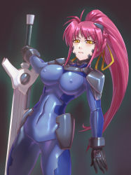 Rule 34 | blue bodysuit, bodysuit, breasts, corruption, cosplay, dark persona, frown, greatsword, highres, hip armor, holding, holding sword, holding weapon, large breasts, latex, latex bodysuit, leebigtree, lyrical nanoha, mahou shoujo lyrical nanoha, mahou shoujo lyrical nanoha a&#039;s, numbers (nanoha), pink hair, ponytail, ribbon, shiny clothes, signum, sword, thick thighs, thighs, tight clothes, weapon, yellow eyes, yellow ribbon