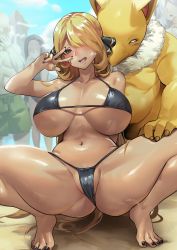 Rule 34 | 1girl, absurdres, ass, beach, bikini, black bikini, blonde hair, breasts, creatures (company), curvy, cynthia (pokemon), exhibitionism, feet, game freak, gen 1 pokemon, hair ornament, hair over eyes, hand on own hip, highres, huge breasts, hypno, hypnosis, large breasts, mind control, nail polish, naughty face, navel, nintendo, one eye covered, open mouth, outdoors, plump, pokemon, pokemon (creature), pokemon dppt, public indecency, pussy, shiny skin, skindentation, spread legs, squatting, squatting cowgirl position, string bikini, swimsuit, tamada heijun, thick thighs, thigh grab, thighs, tiptoes, toenail polish, toenails, underboob, undersized clothes, v-shaped eyebrows