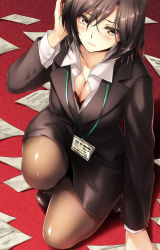 Rule 34 | 1girl, black hair, blush, bra, breasts, brown eyes, cleavage, closed mouth, eyebrows, formal, from above, hatori mia, highres, id card, kneeling, lace, lace-trimmed bra, lace trim, looking at viewer, mole, mole under eye, name tag, office lady, original, pantyhose, paper, pencil skirt, red bra, short hair, skirt, skirt suit, solo, spill, squatting, suit, underwear