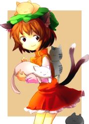 Rule 34 | 1girl, :3, animal, animal ears, animal on head, bad id, bad pixiv id, bare legs, bow, brown background, brown eyes, brown hair, cat, cat on head, cat tail, chen, dress, earrings, hat, holding, jewelry, multiple tails, no nose, on head, red dress, short hair, simple background, smile, solo, tail, touhou, yuichiitan
