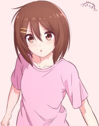 Rule 34 | 1girl, :o, absurdres, brown eyes, brown hair, collarbone, commentary, english commentary, hair between eyes, hair ornament, hairclip, highres, hirasawa yui, k-on!, kurumimi birb, looking at viewer, parted lips, pink shirt, shirt, short hair, short sleeves, simple background, solo, t-shirt, upper body, white background