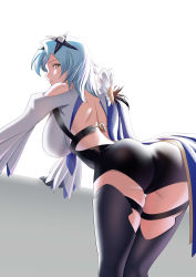 Rule 34 | 1girl, absurdres, artist request, ass, bare shoulders, blue hair, blush, breasts, cameltoe, cape, eula (genshin impact), from behind, genshin impact, gloves, hairband, highres, large breasts, leaning, leaning forward, leotard, long hair, looking at viewer, looking back, parted lips, shiny clothes, shiny skin, short shorts, shorts, sideboob, smile, solo, thighhighs