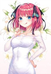 Rule 34 | 1girl, :q, alternate hair length, alternate hairstyle, bare shoulders, blue eyes, blush, breasts, butterfly hair ornament, cleavage, closed mouth, collarbone, covered navel, dress, flower, go-toubun no hanayome, groin, hair ornament, hand on own hip, hand up, highres, honeycomb (pattern), index finger raised, lily (flower), looking at viewer, medium breasts, nakano nino, off shoulder, pink hair, r o ha, see-through, short hair, sidelocks, smile, solo, standing, tongue, tongue out, upper body, white dress, white flower