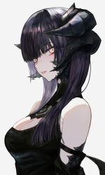 Rule 34 | 1girl, absurdres, arms at sides, au ra, black dress, black hair, black horns, black scales, blunt bangs, commentary request, detached sleeves, dragon girl, dragon horns, dress, final fantasy, final fantasy xiv, from side, highres, hime cut, horns, long hair, looking at viewer, maho moco, multicolored eyes, multiple horns, parted lips, red eyes, scales, simple background, sleeveless, sleeveless dress, solo, teeth, warrior of light (ff14), white background, yellow eyes