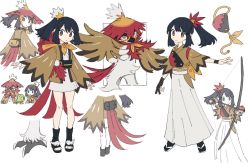 Rule 34 | 1girl, akari (pokemon), arrow (projectile), black footwear, black hair, black sash, bow, bow (weapon), brown eyes, brown jacket, closed mouth, commentary, commentary request, cosplay, creatures (company), eyelashes, game freak, gen 3 pokemon, gloves, hisuian decidueye, hisuian decidueye (cosplay), jacket, knees, looking at viewer, multiple views, nintendo, noii, partially fingerless gloves, poke ball, poke ball (legends), pokemon, pokemon (creature), pokemon legends: arceus, ponytail, sash, single glove, skirt, toeless footwear, treecko, weapon, white background, wristband