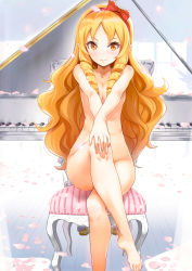 Rule 34 | 1girl, absurdres, barefoot, blonde hair, bow, breasts, brown eyes, casual nudity, chair, cleavage, closed mouth, collarbone, completely nude, convenient censoring, crossed legs, drill hair, eromanga sensei, feet, hair bow, hairband, hands on own knee, highres, instrument, legs, long hair, looking at viewer, nude, nylon (nylon 100%), petals, piano, pointy ears, scan, sitting, small breasts, smile, solo, toes, very long hair, wavy mouth, yamada elf