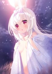 Rule 34 | 1girl, absurdres, animal ear fluff, animal ears, bare shoulders, blush, bow, cloud, collarbone, commentary, cynthia riddle, flower, full moon, hair between eyes, hair bow, hands up, highres, japanese clothes, kimono, long hair, long sleeves, looking at viewer, mofu-mofu after school, mofumofu channel, moon, moonlight, naked kimono, night, night sky, off shoulder, open clothes, open kimono, outdoors, p19, parted lips, print kimono, rabbit ears, red eyes, sky, solo, symbol-only commentary, very long hair, white bow, white hair, wide sleeves