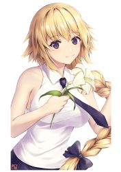 Rule 34 | 1girl, bare arms, bare shoulders, blonde hair, blush, bow, braid, braided ponytail, breasts, collared shirt, enchuu kakiemon, fate/apocrypha, fate/grand order, fate (series), flower, hair bow, hair ornament, highres, holding, holding flower, jeanne d&#039;arc (fate), jeanne d&#039;arc (girl from orleans) (fate), jeanne d&#039;arc (ruler) (fate), large breasts, long hair, looking at viewer, necktie, purple eyes, shirt, simple background, smile, solo, upper body, white background, white shirt
