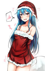 Rule 34 | &gt;:d, 1girl, :d, alternate costume, bare shoulders, blue hair, blush, breasts, collarbone, cowboy shot, dress, flying sweatdrops, food, fruit, fur trim, hair between eyes, hat, highres, hinanawi tenshi, long hair, looking at viewer, open mouth, peach, red dress, red eyes, sack, santa costume, santa hat, short dress, sidelocks, small breasts, smile, solo, spoken blush, sweat, touhou, v-shaped eyebrows, white background, yuhito (ablbex)