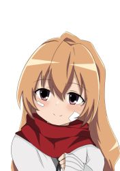 Rule 34 | 1girl, aisaka taiga, artist request, bandage on face, bandages, black ribbon, brown eyes, brown hair, closed mouth, commentary request, hair between eyes, highres, jacket, korean commentary, light blush, long hair, long sleeves, looking at viewer, neck ribbon, red scarf, ribbon, scarf, simple background, sleeves past wrists, smile, solo, split mouth, toradora!, upper body, white background, white jacket