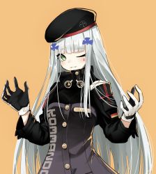 Rule 34 | 1girl, beret, blunt bangs, blush, breasts, buttons, character name, clothes writing, facial mark, german flag, girls&#039; frontline, gloves, green eyes, hair ornament, hands up, hat, hk416 (girls&#039; frontline), jacket, long hair, long sleeves, looking at viewer, medium breasts, name tag, narue, one eye closed, orange background, parted lips, sidelocks, silver hair, simple background, smile, solo, teardrop, very long hair