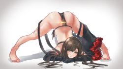 Rule 34 | 1girl, absurdres, arm rest, arm strap, ass, bare shoulders, black dress, black gloves, blush, breasts, brown eyes, brown hair, dress, earrings, elbow gloves, fate/grand order, fate (series), flexible, gloves, hands on ground, highres, jack-o&#039; challenge, jewelry, long hair, looking at viewer, medium breasts, meme, multiple earrings, ribbon-trimmed dress, shibao aoyama, solo, spread legs, stretching, top-down bottom-up, very long hair, wide spread legs, yu mei-ren (fate)