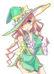 Rule 34 | 1girl, bare shoulders, breasts, brown hair, chinese clothes, detached sleeves, dress, frills, hat, long hair, one eye closed, pointy ears, purple eyes, ribbon, rinna mayfield, shining (series), shining resonance, simple background, wink, witch hat