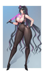 Rule 34 | 1girl, absurdres, bare arms, black gloves, black hair, bodysuit, breasts, dark night (darkotl), fate/grand order, fate (series), female pubic hair, fingerless gloves, fingernails, full body, gloves, glowstick, hand on own hip, hat, high heels, highres, holding, holding glowstick, large breasts, long hair, looking at viewer, multicolored hair, nail polish, navel, necktie, peaked cap, pink hair, pink nails, pink necktie, pubic hair, see-through, sessyoin kiara, sessyoin kiara (swimsuit mooncancer), sessyoin kiara (swimsuit mooncancer) (second ascension), simple background, skin tight, solo, stomach, strap pull, streaked hair, thighs, very long hair, yellow eyes
