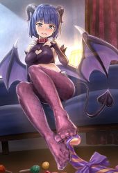 Rule 34 | 1girl, animal collar, blue eyes, blue hair, blush, breasts, candy, cleavage cutout, clothing cutout, collar, commentary request, couch, crop top, demon girl, demon horns, demon tail, demon wings, detached sleeves, fang, feet, fishnet pantyhose, fishnets, food, from below, full body, hand on own chest, heart cutout, highres, horns, koyuki (kotatsu358), large breasts, lollipop, long sleeves, looking at viewer, no shoes, on couch, open mouth, original, pantyhose, phallic symbol, red pantyhose, short hair, simulated footjob, sitting, solo, sweatdrop, tail, toes, wings