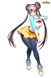 Rule 34 | 1girl, blue eyes, blush, bobobong, breasts, brown hair, closed mouth, commentary request, copyright name, creatures (company), double bun, full body, game freak, hair bun, hand up, highres, holding, holding poke ball, legs, lips, logo, long hair, long sleeves, looking at viewer, medium breasts, midriff, navel, nintendo, pantyhose, poke ball, poke ball (basic), pokemon, pokemon bw2, rosa (pokemon), shiny clothes, shoes, shorts, simple background, smile, sneakers, socks, stomach, twintails, visor cap, watch, white background, wristwatch