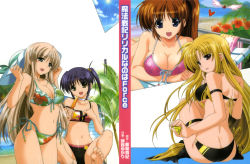 Rule 34 | 00s, 4girls, absurdres, ass, bardiche (nanoha), bardiche (standby form) (nanoha), beach, bikini, blonde hair, blue eyes, breasts, brown hair, butt crack, cleavage, cloud, day, fate testarossa, feet, flat chest, floral print, flower, food, frilled bikini, frills, front-tie top, hat, heart, hibiscus, higa yukari, highres, isis eaglet, large breasts, lily strosek, long hair, looking back, low-tied long hair, lyrical nanoha, mahou senki lyrical nanoha force, mahou shoujo lyrical nanoha, multiple girls, navel, official art, plant, ponytail, popsicle, purple eyes, purple hair, raising heart, raising heart (standby mode), red eyes, side-tie bikini bottom, side ponytail, sky, smile, steed, steed (nanoha), strap slip, sun, swimsuit, takamachi nanoha, underboob, very long hair, water, yellow eyes