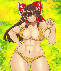 Rule 34 | 1girl, abs, bikini, blush, bow, breasts, brown eyes, brown hair, closed mouth, commentary request, cookie (touhou), cowboy shot, frilled bow, frilled hair tubes, frills, gluteal fold, green background, hair bow, hair tubes, hakurei reimu, halterneck, kanna (cookie), large breasts, long hair, looking at viewer, mo-fu, muscular, muscular female, navel, red bow, shiny skin, sidelocks, smile, solo, swimsuit, touhou, yellow bikini