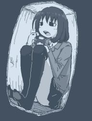 Rule 34 | 1girl, blazer, blue theme, eating, empty eyes, hamsterfragment, holding, in container, jacket, jaggy lines, knees up, long sleeves, medium hair, monochrome, mushroom, no pupils, no shoes, open mouth, original, over-kneehighs, power-up, school uniform, sitting, skirt, solo, suicidal girl (hamsterfragment), super mushroom, teeth, thighhighs, upper teeth only