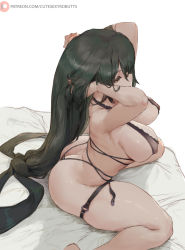 Rule 34 | 1girl, ass, asui tsuyu, bed, black hair, boku no hero academia, breasts, butt crack, covered erect nipples, cutesexyrobutts, highres, large breasts, leaning forward, lingerie, long hair, on bed, sitting, solo, underwear, very long hair, wariza