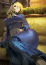 Rule 34 | 1girl, blonde hair, blue dress, blue hat, braid, breasts, bright pupils, buttons, closed mouth, clothing request, creatures (company), dress, game freak, gem, green eyes, green gemstone, hair over one eye, hand on own hip, hat, jewelry, kazo (kazozakazo), large breasts, long dress, long hair, long sleeves, looking at viewer, lusamine (pokemon), lying, nintendo, official alternate costume, on side, outdoors, pleated dress, pokemon, pokemon (anime), pokemon sm146, pokemon sm (anime), ring, sash, sitting, smile, solo, white sash
