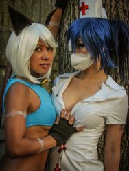 Rule 34 | 2girls, animal ears, artist request, asian, asymmetrical docking, bell, blue hair, breast press, breasts, cat ears, cleavage, collar, cosplay, eyepatch, hat, lab zero games, mask, medium breasts, mouth mask, ms. fortune (skullgirls), multiple girls, nurse, photo (medium), real life, scar, sideboob, skullgirls, small breasts, source request, surgical mask, tattoo, underboob, valentine (skullgirls), white hair