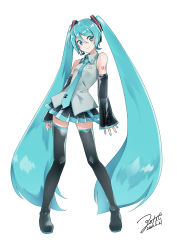 Rule 34 | 1girl, absurdres, agonasubi, aqua eyes, aqua hair, aqua nails, aqua necktie, bare shoulders, belt, black skirt, black sleeves, black thighhighs, blouse, boots, commentary, contrapposto, derivative work, detached sleeves, english commentary, full body, grey shirt, hair ornament, hatsune miku, headphones, headset, highres, long hair, looking at viewer, miniskirt, nail polish, necktie, number tattoo, pleated skirt, shirt, shoulder tattoo, signature, skirt, sleeveless, sleeveless shirt, sleeves past wrists, smile, solo, standing, tattoo, thigh boots, thighhighs, twintails, very long hair, vocaloid, vocaloid boxart pose, zettai ryouiki