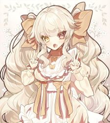 Rule 34 | 1girl, :o, blonde hair, bow, collar, floral background, heterochromia, highres, long hair, long sleeves, mogmogyasai, orange bow, original, puffy sleeves, red eyes, sidelocks, twintails, v, very long hair, white background, yellow eyes