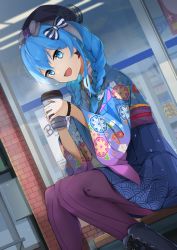 Rule 34 | alternate costume, alternate hairstyle, beret, black hat, blue eyes, blue hair, braid, coffee cup, commentary request, convenience store, cup, disposable cup, gloves, hair ornament, hat, hololive, hoshimachi suisei, hoshimachi suisei (new year), japanese clothes, kimono, looking at viewer, medium hair, open mouth, pantyhose, ribbon, shop, sitting, solo, sora no tori, twin braids, virtual youtuber