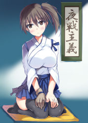 Rule 34 | 10s, 1girl, bad id, bad pixiv id, black thighhighs, blush, breasts, brown eyes, brown hair, cushion, gloves, japanese clothes, kaga (kancolle), kantai collection, large breasts, personification, scroll, seiza, short hair, side ponytail, single glove, sitting, skirt, solo, sousouman, thighhighs, translation request