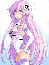 Rule 34 | bare shoulders, blue eyes, bodysuit, boots, breasts, choujigen game neptune mk2, cleavage, gloves, hair between eyes, hair ornament, hairclip, highres, iwashi dorobou -r-, long hair, medium breasts, nepgear, neptune (series), open mouth, pink hair, power symbol-shaped pupils, purple sister, simple background, skin tight, skindentation, solo, surprised, symbol-shaped pupils, thighhighs, thighs, very long hair, white thighhighs