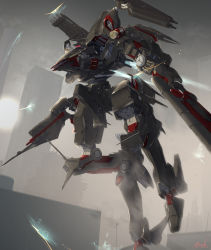 Rule 34 | armored core, armored core: for answer, artist name, atsajh, commission, dual wielding, gun, highres, holding, holding gun, holding weapon, mecha, no humans, red eyes, robot, running, science fiction, skeb commission, solo, unsung, weapon