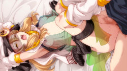 Rule 34 | 1boy, 1girl, armpits, bed sheet, breasts, censored, detached sleeves, game cg, half-closed eyes, hetero, highres, leg warmers, lying, midori (x-overd), mosaic censoring, nipples, official art, on back, penis, pussy, pussy juice, scarf, see-through, sex, small breasts, vaginal, white headwear, white legwear, white scarf, white sleeves, x-overd, yellow eyes