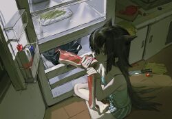 Rule 34 | 1girl, absurdres, animal ears, bare shoulders, black eyes, black hair, blue camisole, boxers, breasts, camisole, commentary, cutting board, fang, food, hair over one eye, hands up, highres, holding, holding food, imminent bite, indian style, indoors, ke shi yinhe, kitchen, kitchen knife, long hair, looking at viewer, looking up, male underwear, meat, on floor, open mouth, original, refrigerator, sidelocks, sitting, small breasts, solo, tile floor, tiles, underwear, very long hair