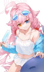 Rule 34 | 1girl, absurdres, ahoge, bikini, blue-tinted eyewear, blue archive, blue eyes, blue jacket, breasts, closed mouth, collarbone, commentary request, eyewear on head, food, frilled bikini, frills, halo, heterochromia, highres, holding, holding food, holding ice cream, hoshino (blue archive), hoshino (swimsuit) (blue archive), ice cream, jacket, long hair, long sleeves, looking at object, low twintails, navel, off shoulder, official alternate costume, orange eyes, pink hair, pink halo, sentter, simple background, small breasts, smile, solo, sunglasses, swimsuit, tinted eyewear, twintails, very long hair, white-framed eyewear, white background, white bikini
