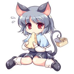 Rule 34 | 1girl, animal ears, bad id, bad pixiv id, basket, capelet, cetera, cheese, chibi, dress, eating, female focus, food, grey dress, grey eyes, grey hair, mouse (animal), mouse ears, mouse tail, nazrin, red eyes, red hair, sitting, solo, tail, touhou, wariza