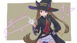 Rule 34 | 1girl, absurdres, belt, black hat, black robe, brown hair, closed mouth, commentary, gloves, hand on own hip, hat, highres, horse girl, houkou illust, index finger raised, long hair, long sleeves, looking at viewer, magic, necktie, pleated skirt, purple eyes, red necktie, red sweater, robe, shirt, signature, skirt, smile, solo, split mouth, sweater, sweep tosho (umamusume), umamusume, white gloves, white shirt, witch hat