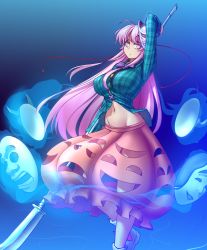 Rule 34 | 1girl, arm up, blue background, breasts, bubble skirt, fox mask, gradient background, hata no kokoro, hater (hatater), highres, large breasts, long hair, long sleeves, looking at viewer, mask, mask on head, naginata, navel, noh mask, oni mask, pink eyes, pink hair, plaid, plaid shirt, polearm, shirt, simple background, skirt, solo, tengu mask, touhou, weapon