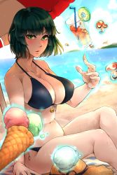 Rule 34 | 1girl, bare shoulders, beach, breasts, cleavage, cup, day, drinking glass, drinking straw, floating, food, fubuki (one-punch man), green eyes, green hair, hat, highres, ice cream, large breasts, ocean, one-punch man, short hair, sitting, sky, solo, straw hat, sweat, sweatdrop, swimsuit, telekinesis