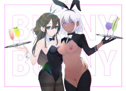 Rule 34 | 2girls, animal ears, bandaid, bandaid on pussy, bare shoulders, black bow, black bowtie, black gloves, black hairband, black leotard, black pantyhose, blue eyes, bow, bowtie, breasts, brown hair, closed mouth, cocktail, cocktail glass, commentary request, cowboy shot, cup, dark-skinned female, dark skin, detached collar, drink, drinking glass, fake animal ears, gloves, groin, hair between eyes, hairband, half gloves, half updo, heart maebari, highres, highspeed fujimori, holding, holding tray, leotard, long hair, long sleeves, looking at viewer, maebari, medium breasts, meme attire, multiple girls, navel, original, pantyhose, pasties, playboy bunny, purple eyes, rabbit ears, rabbit tail, reverse bunnysuit, reverse outfit, short hair, shrug (clothing), sidelocks, smile, standing, strapless, strapless leotard, tail, text background, thighband pantyhose, traditional bowtie, tray, white background, white bow, white bowtie, white hair, wrist cuffs
