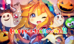 Rule 34 | 1girl, ;d, ana (rznuscrf), bat (animal), blonde hair, blue eyes, blue hat, blush, blush stickers, border, closed eyes, ghost, hair between eyes, happy halloween, hat, indoors, jack-o&#039;-lantern, lace, lace border, long hair, looking at viewer, one eye closed, open mouth, ornate border, outstretched arm, potion, puyopuyo, smile, solo, star (symbol), star in eye, symbol in eye, very long hair, window, witch (puyopuyo)