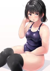 Rule 34 | 1girl, absurdres, bare arms, black hair, black one-piece swimsuit, blush, breasts, collarbone, commentary request, competition swimsuit, grey eyes, hand in own hair, highres, looking at viewer, one-piece swimsuit, open mouth, original, plump, shinonon (iso shino), short hair, simple background, sitting, small breasts, solo, swimsuit, thighhighs, thighs, v-shaped eyebrows, wet, white background