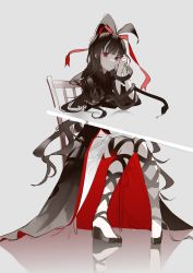 Rule 34 | 1girl, absurdres, azami (kagerou project), black dress, black hair, black ribbon, blunt bangs, chair, clenched hands, closed mouth, dot nose, dress, expressionless, grey background, highres, kagerou project, leg ribbon, long dress, long hair, looking at viewer, mo011010, platform footwear, platform heels, red eyes, ribbon, simple background, sitting, solo, wavy hair, wooden chair