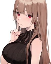 Rule 34 | 1girl, aiko (kanl), alternate costume, azur lane, bare arms, blunt bangs, blurry, blush, breasts, brown hair, brown shirt, closed mouth, commentary, depth of field, earrings, finger to mouth, fingernails, from side, gem, hand up, index finger raised, jewelry, large breasts, light smile, long hair, looking at viewer, looking to the side, mole, mole under mouth, nail polish, red eyes, red gemstone, red nails, ribbed shirt, see-through, see-through shirt, shirt, shushing, simple background, sleeveless, solo, straight hair, swiftsure (azur lane), symbol-only commentary, upper body, white background