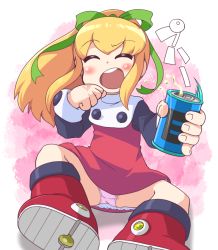 Rule 34 | 1girl, :d, alcohol, beer, blonde hair, blush stickers, can, dress, drink, drink can, drunk, energy tank, full body, green ribbon, hair ribbon, happy, ki (adotadot), long hair, long sleeves, mega man (classic), mega man (series), open mouth, panties, ponytail, red dress, red skirt, ribbon, roll (mega man), saliva, skirt, smile, soda can, solo, teeth, underwear, upper teeth only
