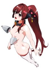 Rule 34 | 10s, 1girl, armpits, ass, blush, breasts, collar, floating, floating object, foreshortening, from above, from behind, full body, hair intakes, headgear, kantai collection, legs together, looking afar, nipples, nude, open mouth, ponytail, puffy nipples, red eyes, red hair, round teeth, ruuto (sorufu), shiny skin, simple background, small breasts, solo, tareme, teeth, thighhighs, white background, white thighhighs, yamato (kancolle)